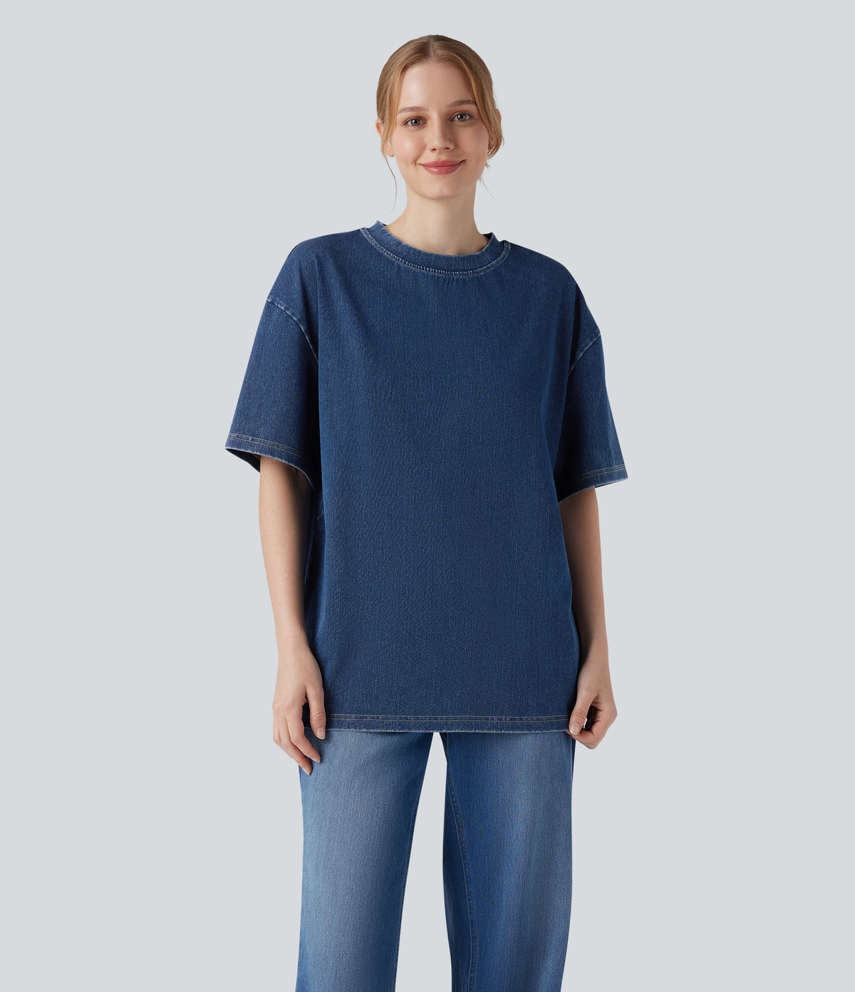 Round Neck Short Sleeve Denim Casual T-Shirt — Washed Denim Bleached Blue — view 5
