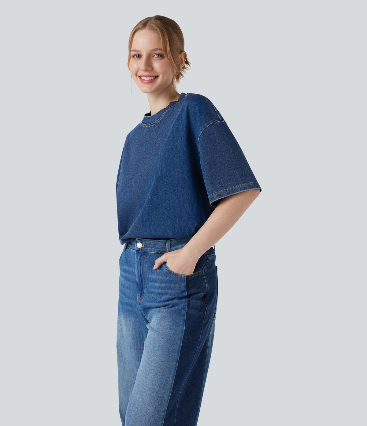 Round Neck Short Sleeve Denim Casual T-Shirt — Washed Denim Bleached Blue — view 3