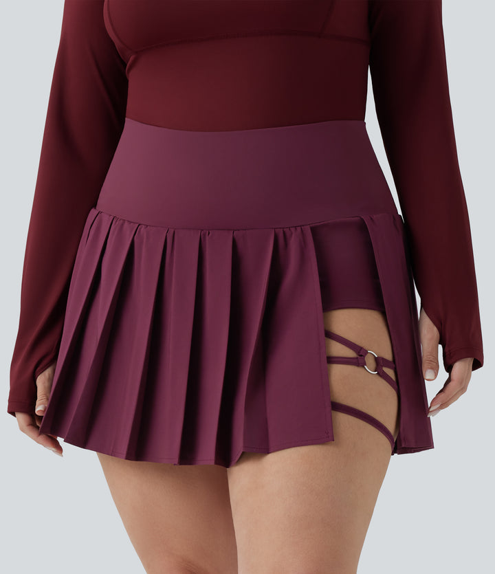 Plus Size High Waisted Pleated 2-in-1 Asymmetric Hem Quick Dry Mini Yoga Skirt with Pockets — Amaranth — view 1