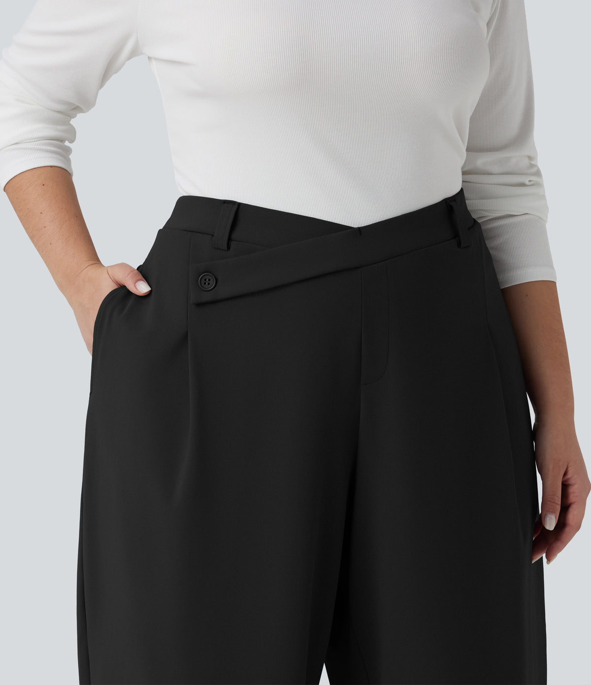 Plus Size Asymmetric High Waisted Tapered Work Trousers with Pockets — Black — view 4