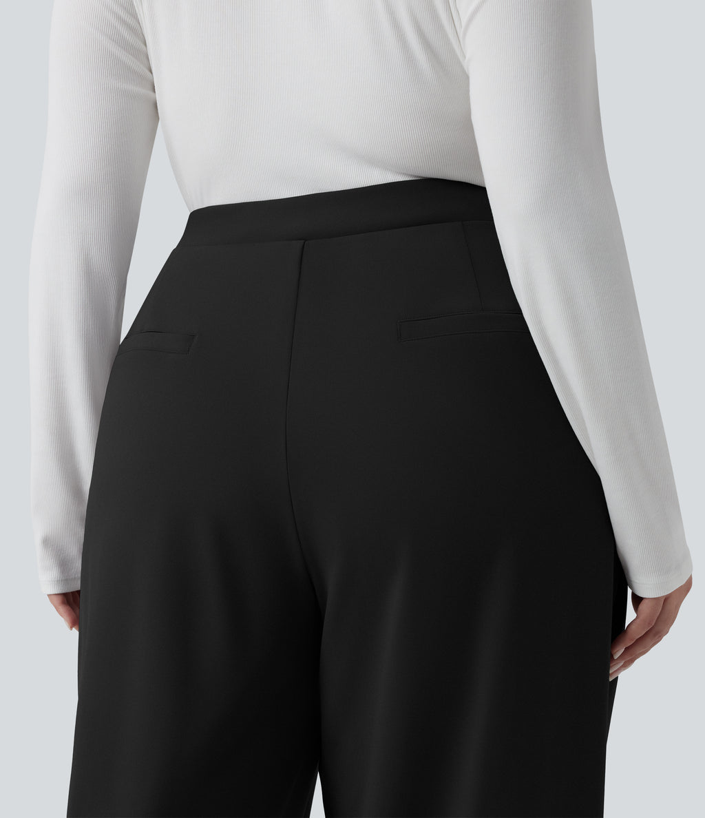 Plus Size Asymmetric High Waisted Tapered Work Trousers with Pockets — Black — view 5