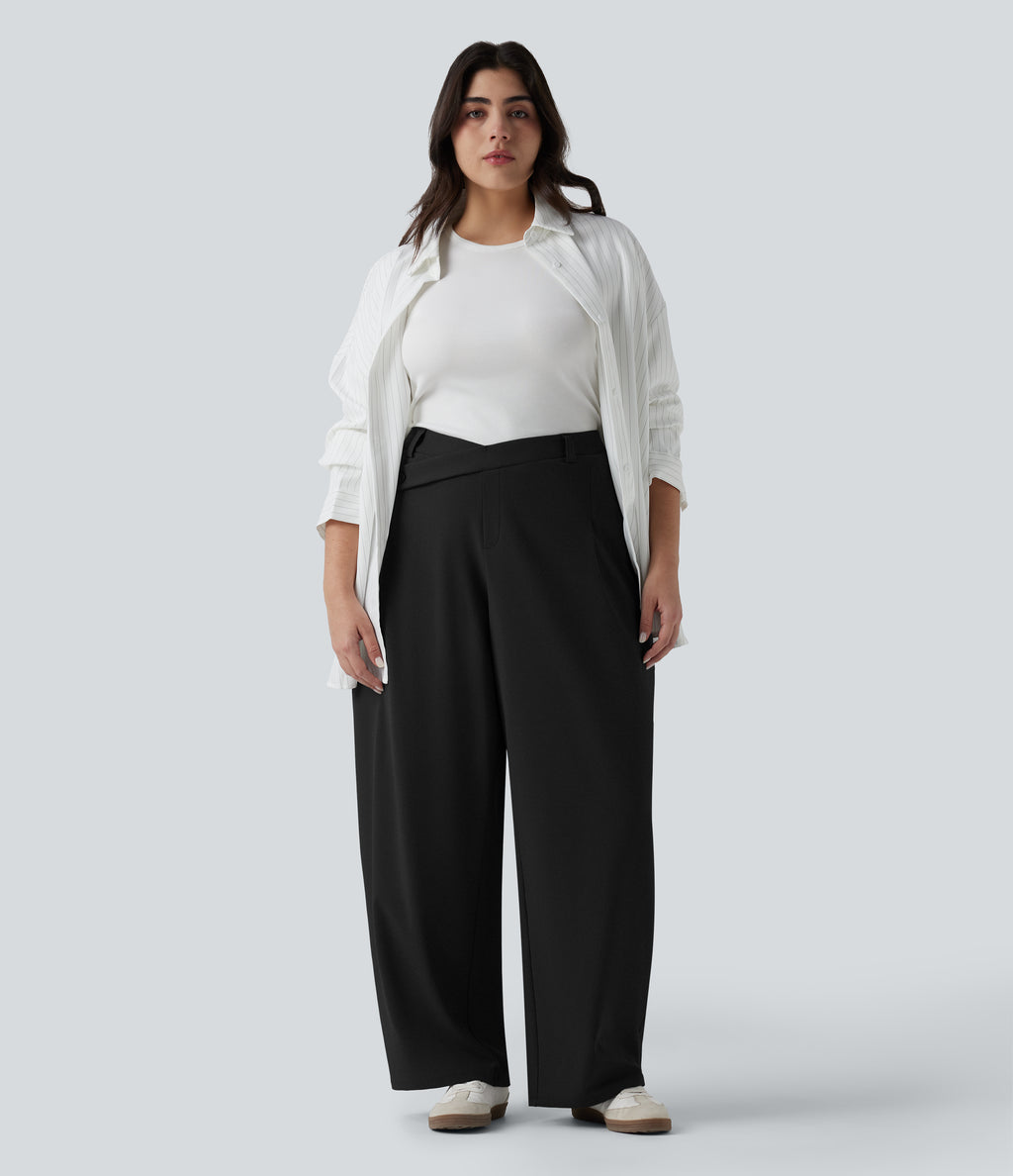 Plus Size Asymmetric High Waisted Tapered Work Trousers with Pockets — Black — view 6