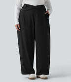 Plus Size Asymmetric High Waisted Tapered Work Trousers with Pockets — Black — view 1