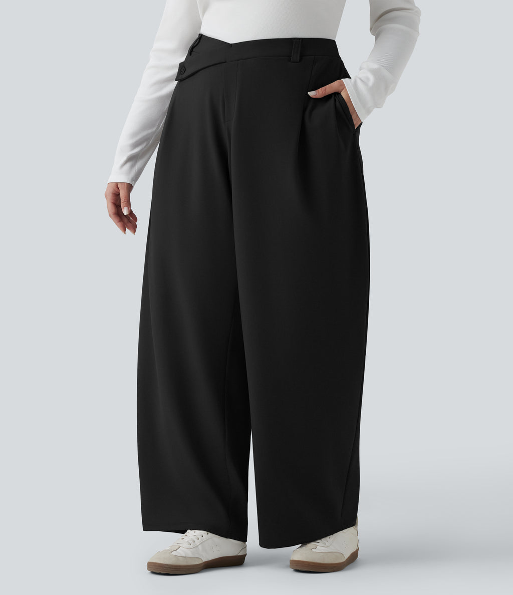 Plus Size Asymmetric High Waisted Tapered Work Trousers with Pockets — Black — view 3