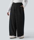 Plus Size Asymmetric High Waisted Tapered Work Trousers with Pockets — Black — view 3