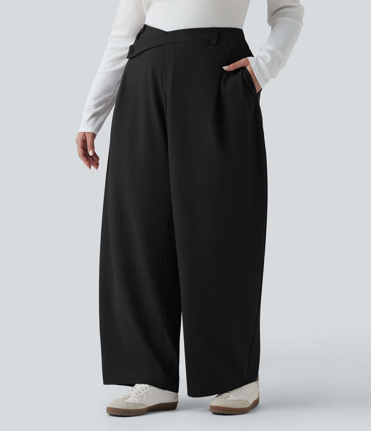 Plus Size Asymmetric High Waisted Tapered Work Trousers with Pockets — Black — view 3