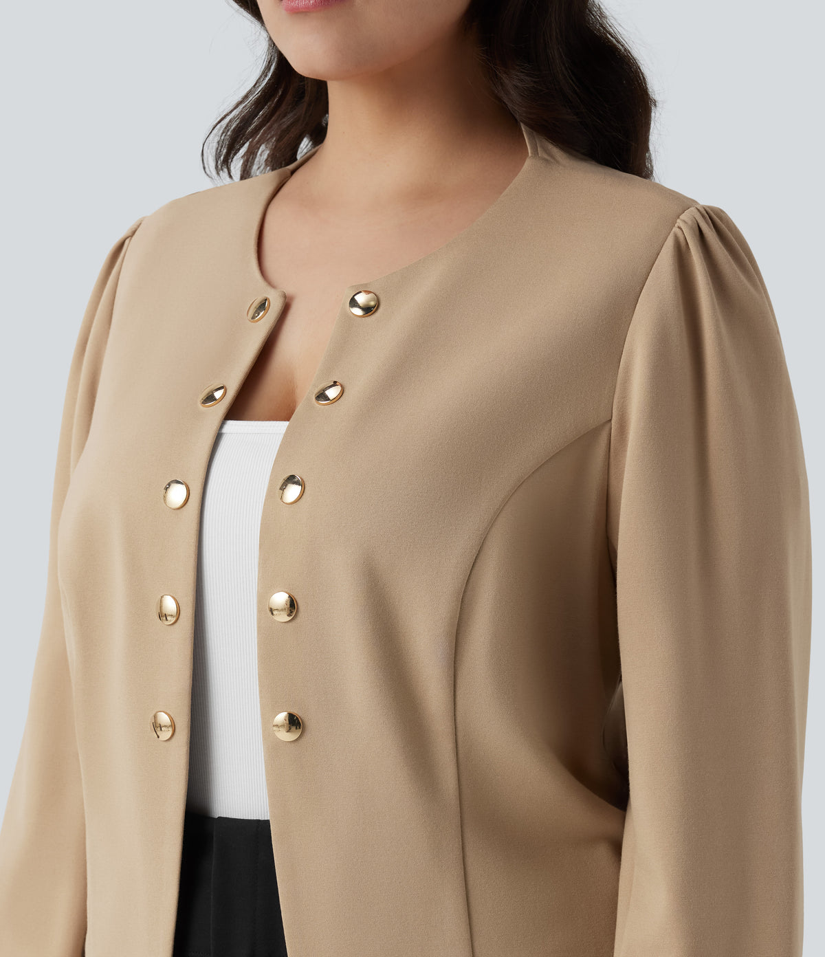 Plus Size Round Neck Long Sleeve Slim Work Blazer — Tan — view 4