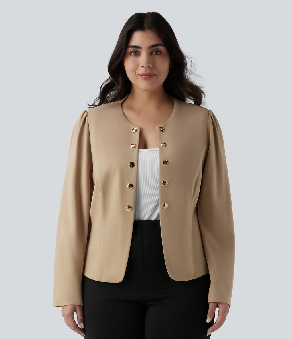 Plus Size Round Neck Long Sleeve Slim Work Blazer — Tan — view 1