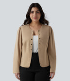 Plus Size Round Neck Long Sleeve Slim Work Blazer — Tan — view 1