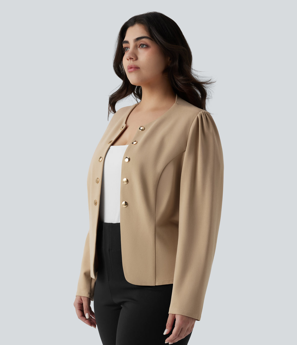 Plus Size Round Neck Long Sleeve Slim Work Blazer — Tan — view 3