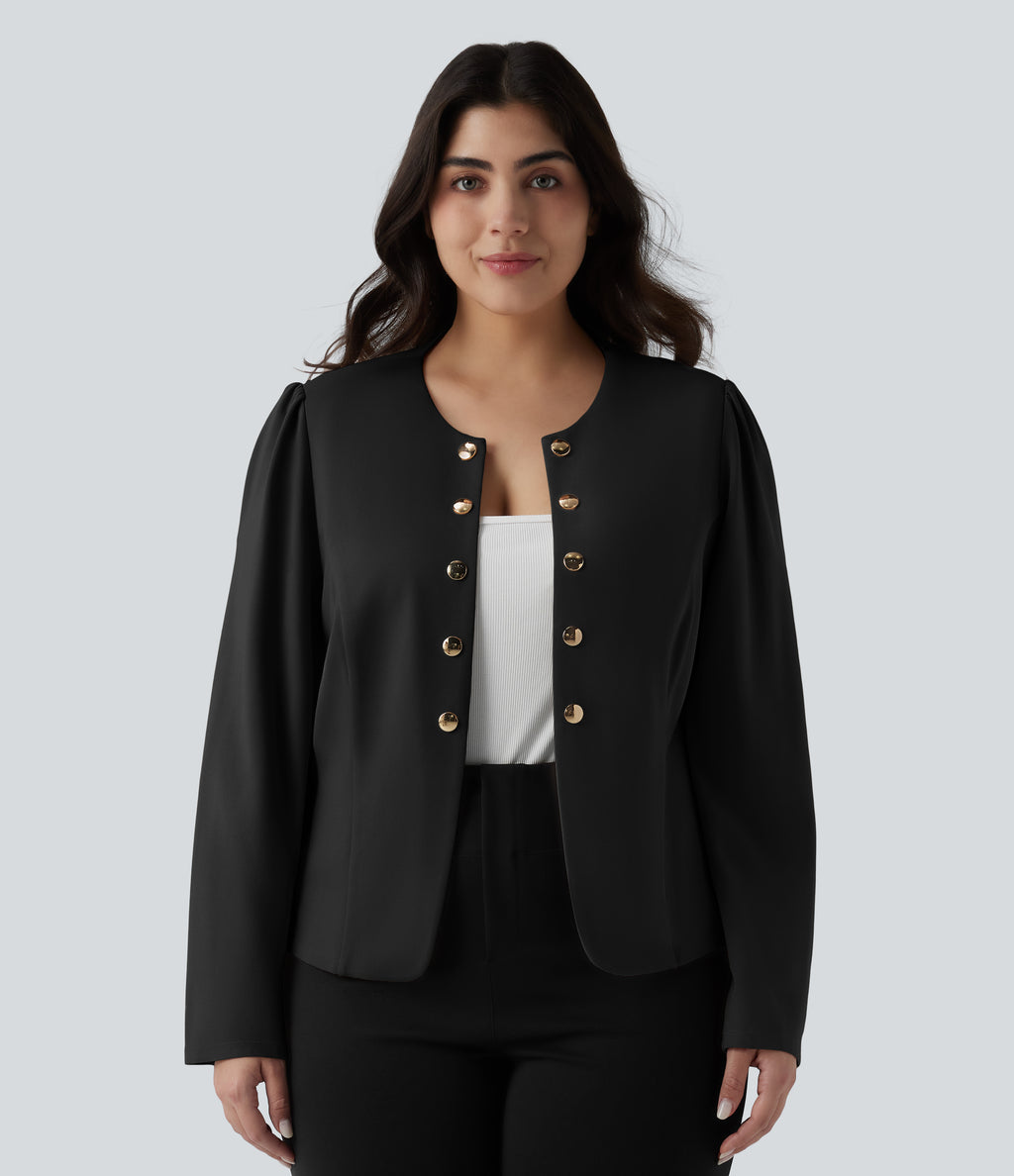 Plus Size Round Neck Long Sleeve Slim Work Blazer — Black — view 6