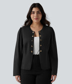 Plus Size Round Neck Long Sleeve Slim Work Blazer — Black — view 6