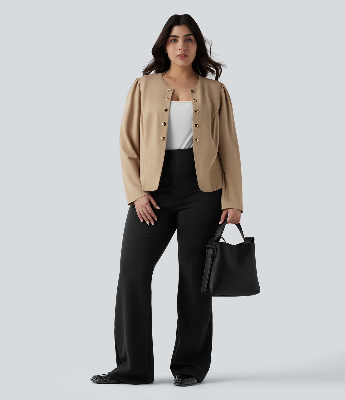 Plus Size Round Neck Long Sleeve Slim Work Blazer — Tan — view 5
