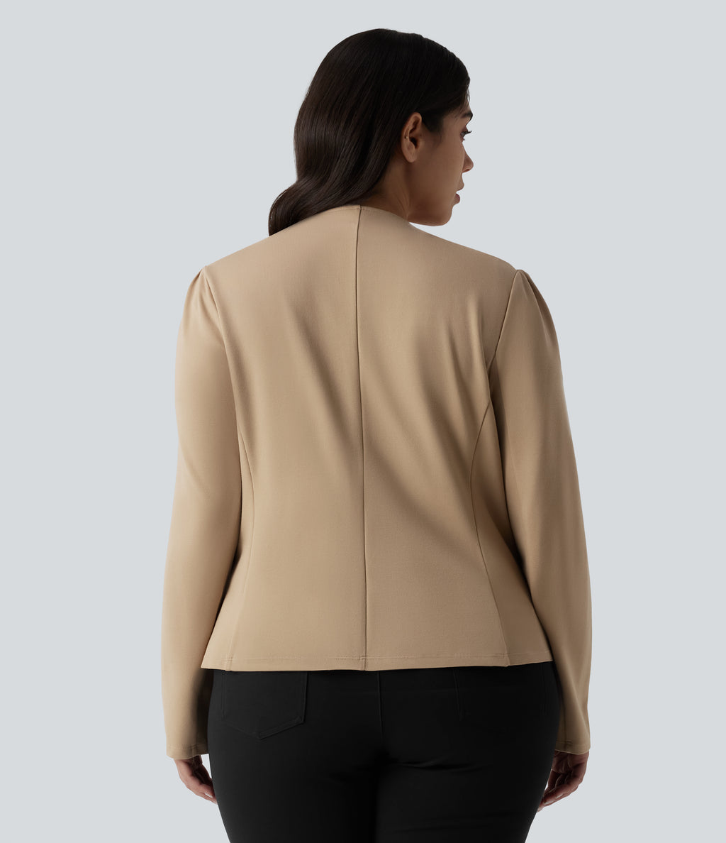 Plus Size Round Neck Long Sleeve Slim Work Blazer — Tan — view 2