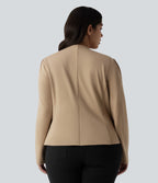 Plus Size Round Neck Long Sleeve Slim Work Blazer — Tan — view 2
