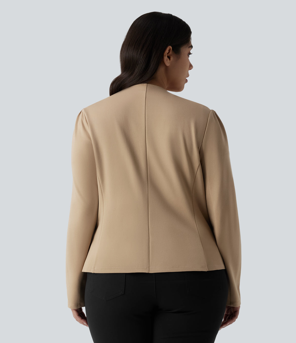 Plus Size Round Neck Long Sleeve Slim Work Blazer — Tan — view 2
