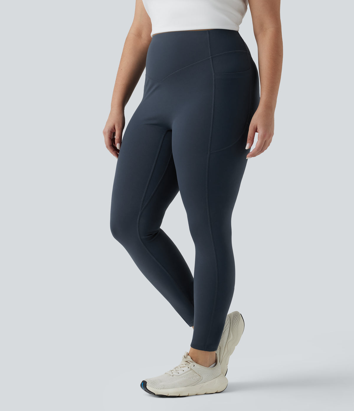 Plus Size High Waisted Tummy Control Butt Lifting Ruched Yoga Leggings with Pockets — Carbon — view 3