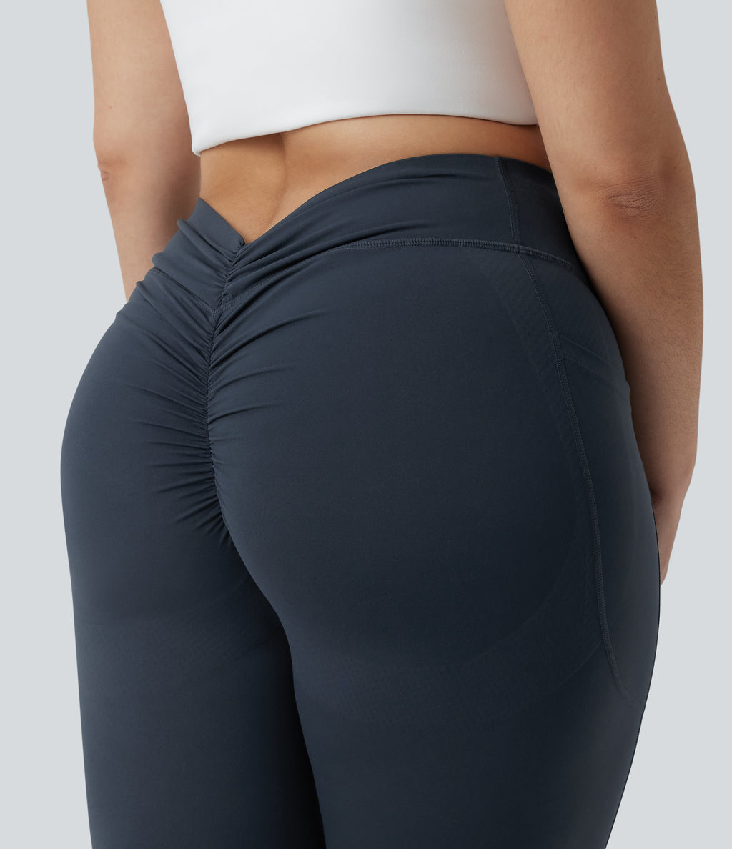 Plus Size High Waisted Tummy Control Butt Lifting Ruched Yoga Leggings with Pockets — Carbon — view 4