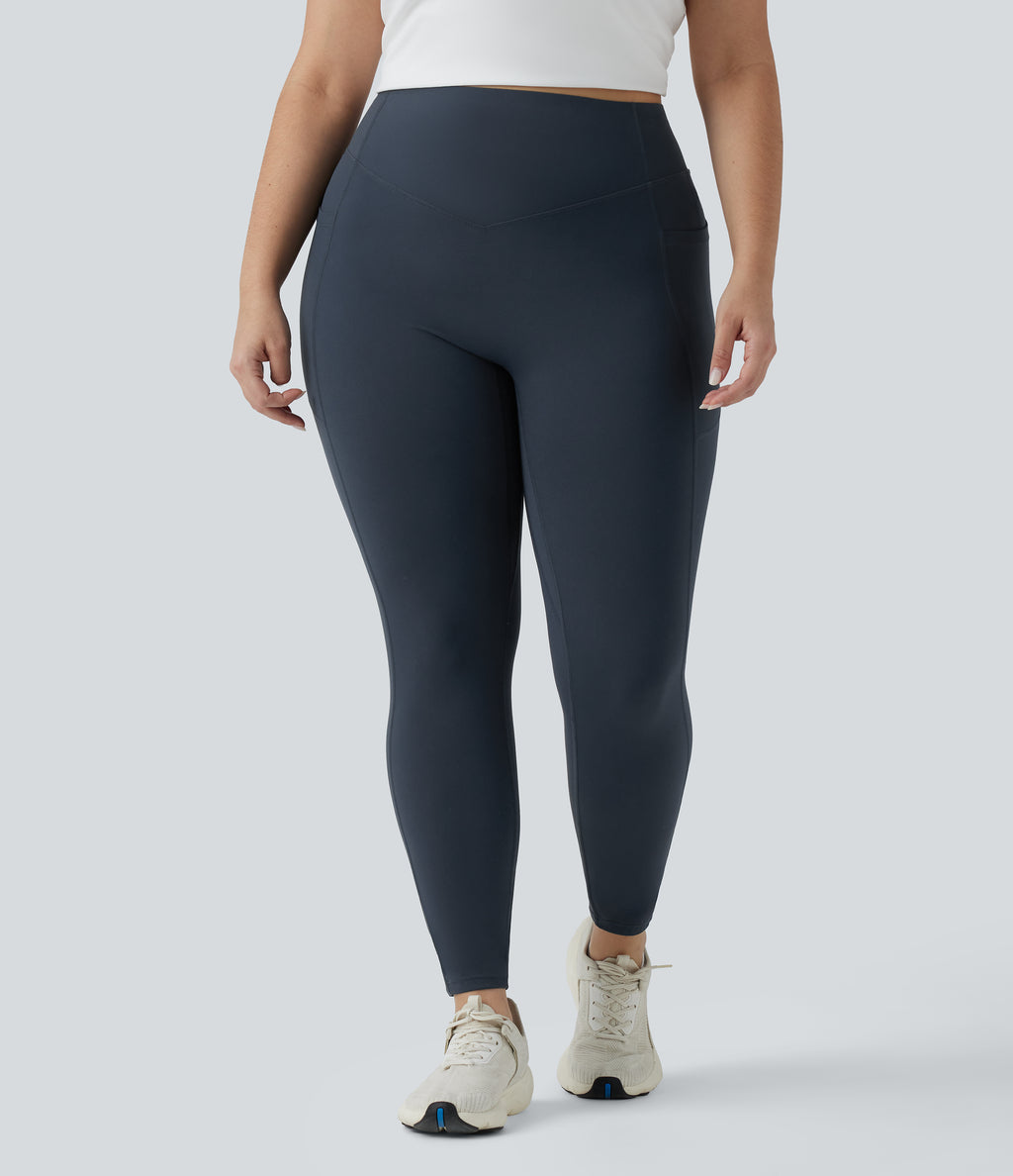 Plus Size High Waisted Tummy Control Butt Lifting Ruched Yoga Leggings with Pockets — Carbon — view 2