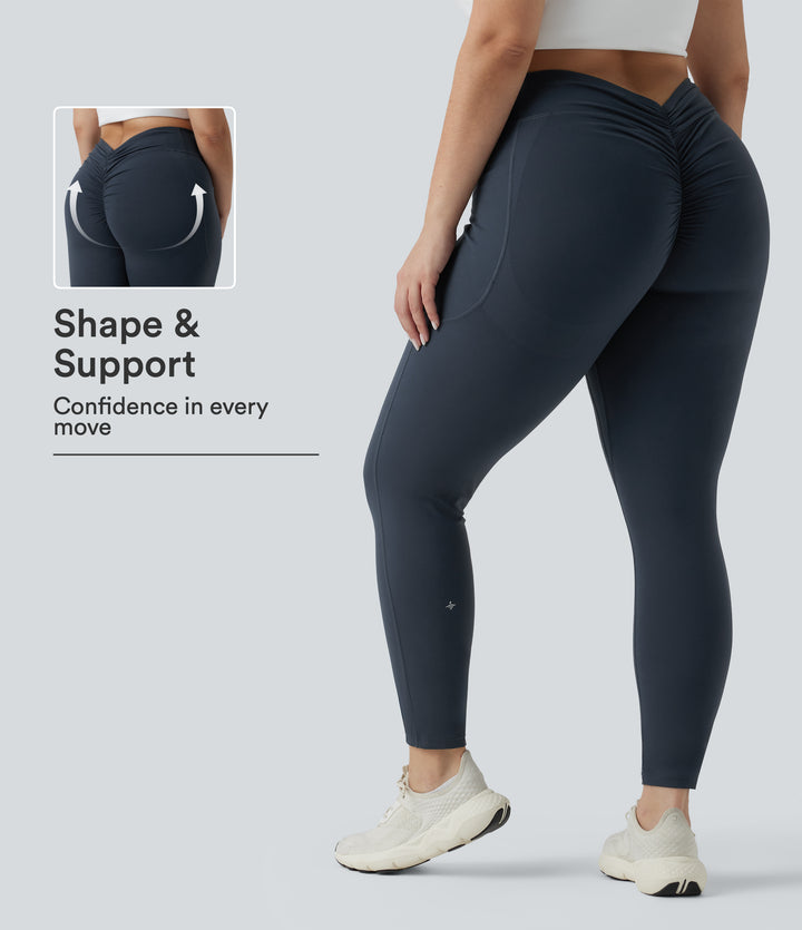Plus Size High Waisted Tummy Control Butt Lifting Ruched Yoga Leggings with Pockets — Carbon — view 1