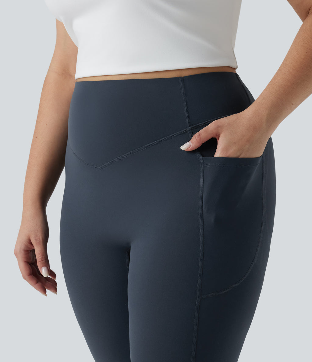 Plus Size High Waisted Tummy Control Butt Lifting Ruched Yoga Leggings with Pockets — Carbon — view 5