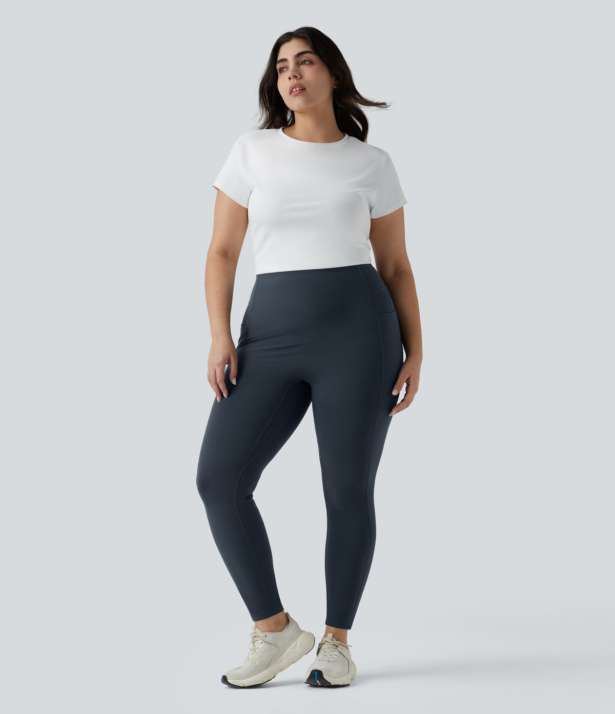 Plus Size High Waisted Tummy Control Butt Lifting Ruched Yoga Leggings with Pockets — Carbon — view 6