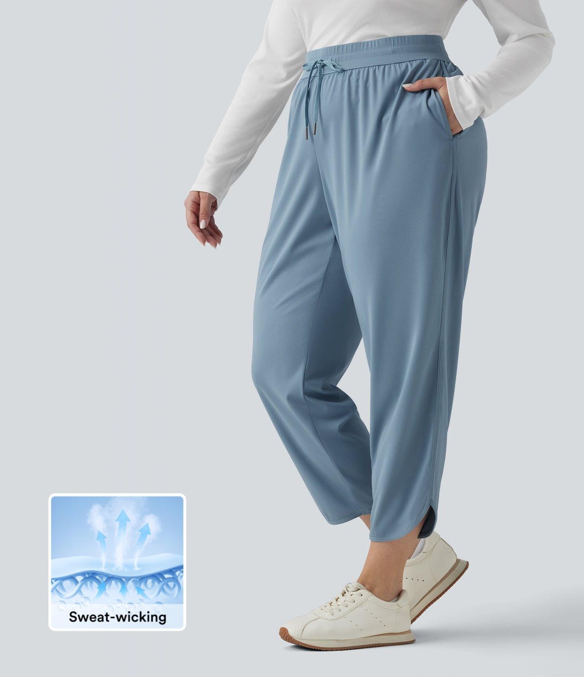 Plus Size Mid Rise Drawstring Curved Hem Quick Dry Golf Tapered Trousers with Pockets-UPF40+ — Mountain Spring — view 1