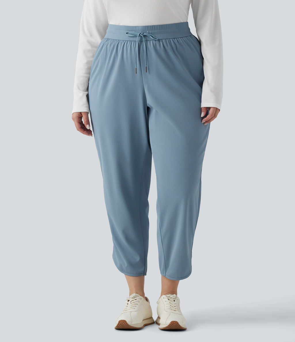 Plus Size Mid Rise Drawstring Curved Hem Quick Dry Golf Tapered Trousers with Pockets-UPF40+ — Mountain Spring — view 3