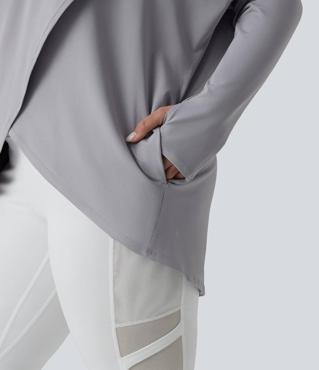 Plus Size Hooded Cowl Neck Long Sleeve Thumb Hole Yoga Sports Top with Pockets — Mist Grey — view 5