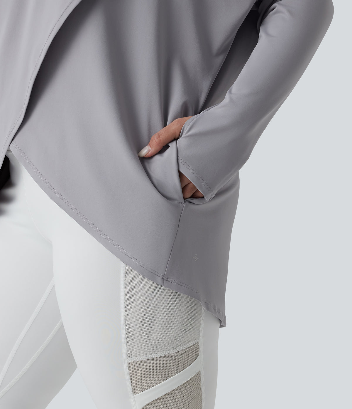 Plus Size Hooded Cowl Neck Long Sleeve Thumb Hole Yoga Sports Top with Pockets — Mist Grey — view 5