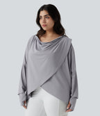 Plus Size Hooded Cowl Neck Long Sleeve Thumb Hole Yoga Sports Top with Pockets — Mist Grey — view 3