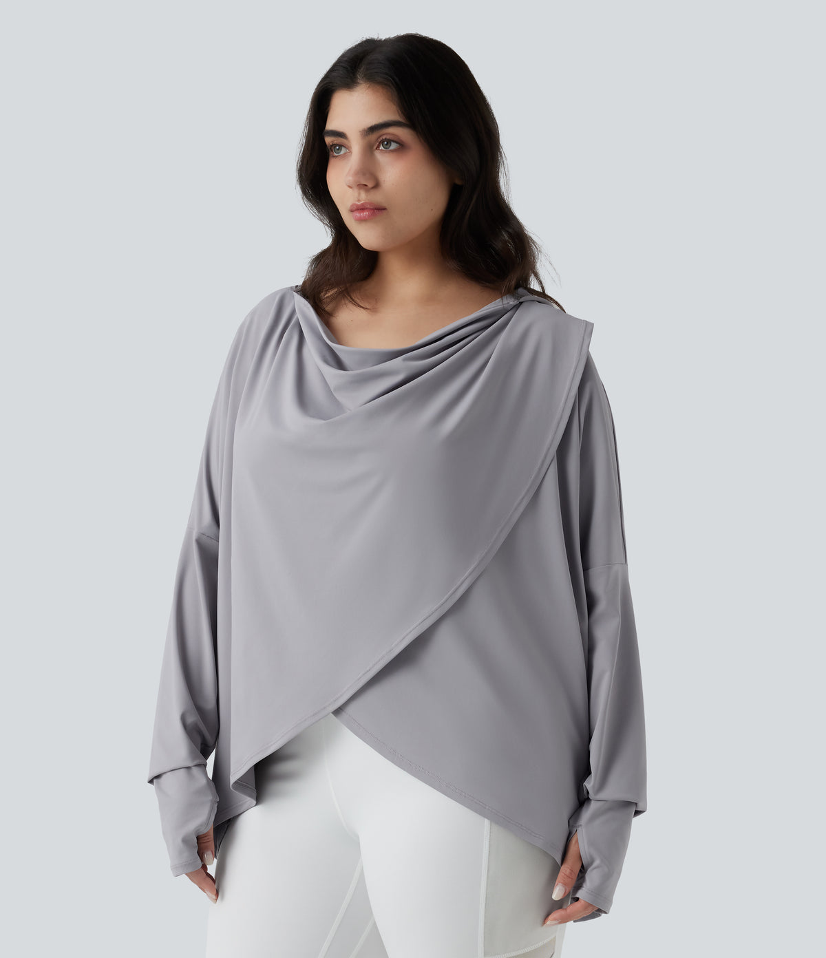 Plus Size Hooded Cowl Neck Long Sleeve Thumb Hole Yoga Sports Top with Pockets — Mist Grey — view 3