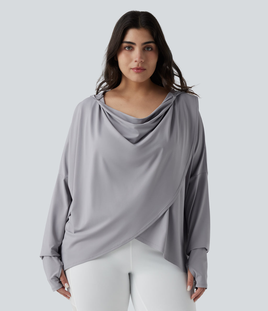 Plus Size Hooded Cowl Neck Long Sleeve Thumb Hole Yoga Sports Top with Pockets — Mist Grey — view 1