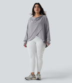 Plus Size Hooded Cowl Neck Long Sleeve Thumb Hole Yoga Sports Top with Pockets — Mist Grey — view 6