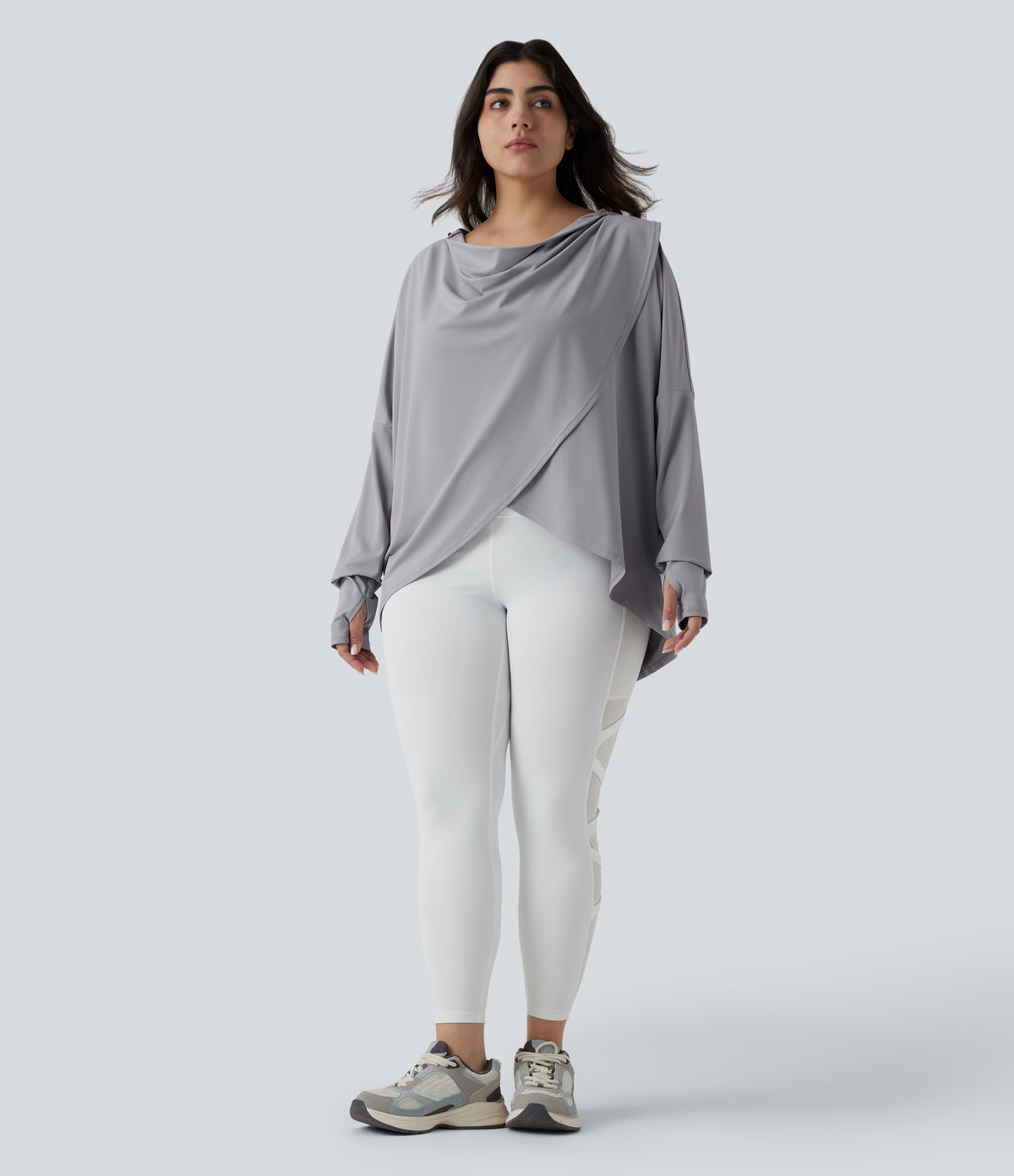Plus Size Hooded Cowl Neck Long Sleeve Thumb Hole Yoga Sports Top with Pockets — Mist Grey — view 6