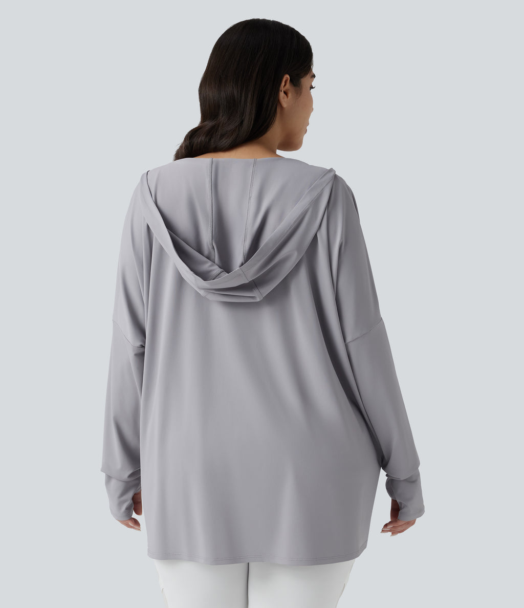 Plus Size Hooded Cowl Neck Long Sleeve Thumb Hole Yoga Sports Top with Pockets — Mist Grey — view 2