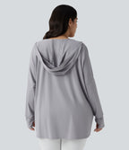 Plus Size Hooded Cowl Neck Long Sleeve Thumb Hole Yoga Sports Top with Pockets — Mist Grey — view 2