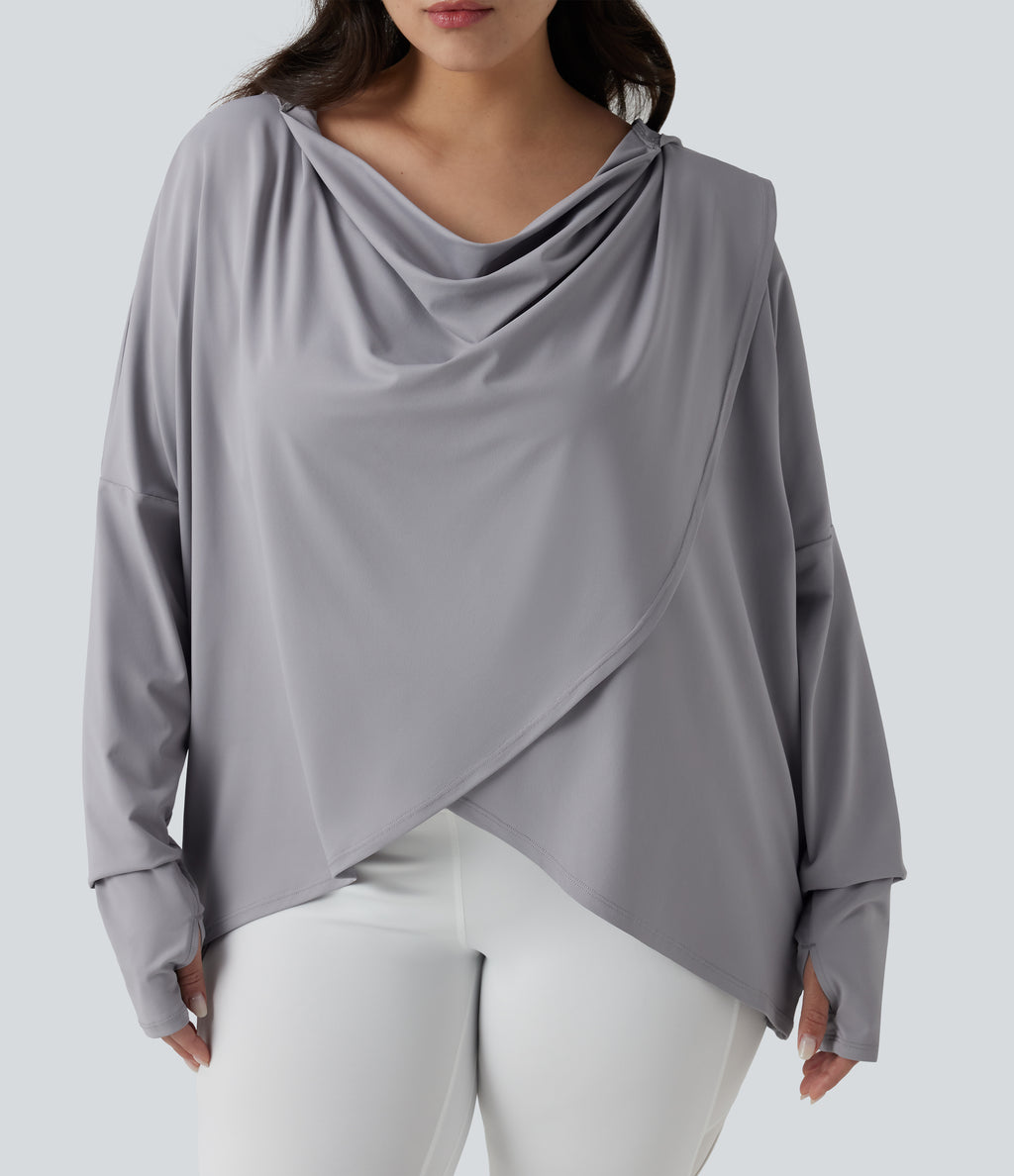 Plus Size Hooded Cowl Neck Long Sleeve Thumb Hole Yoga Sports Top with Pockets — Mist Grey — view 4
