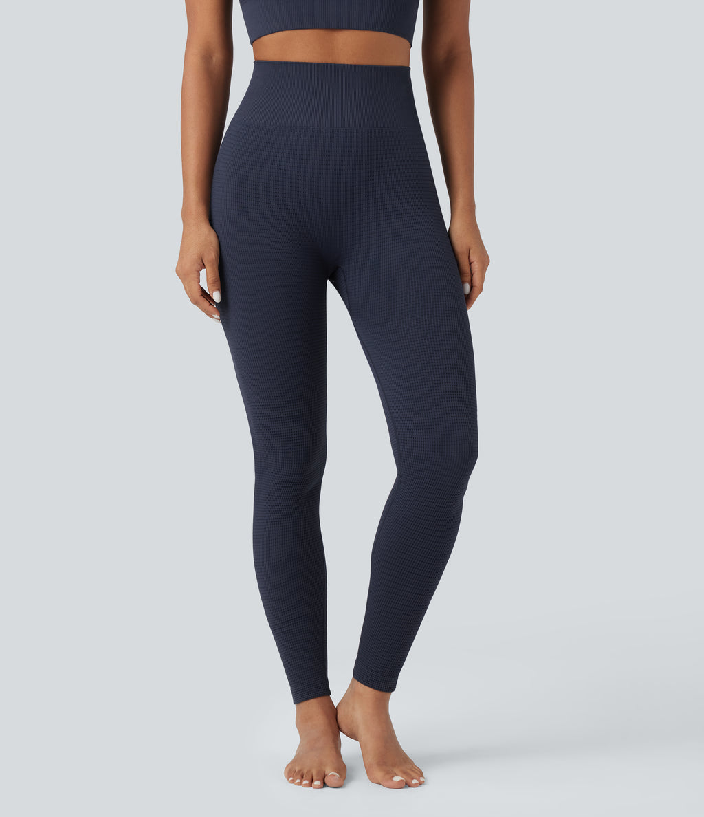 OneForm Seamless Flow Waffle High Waisted 7/8 Yoga Leggings — Mountain Blue — view 3