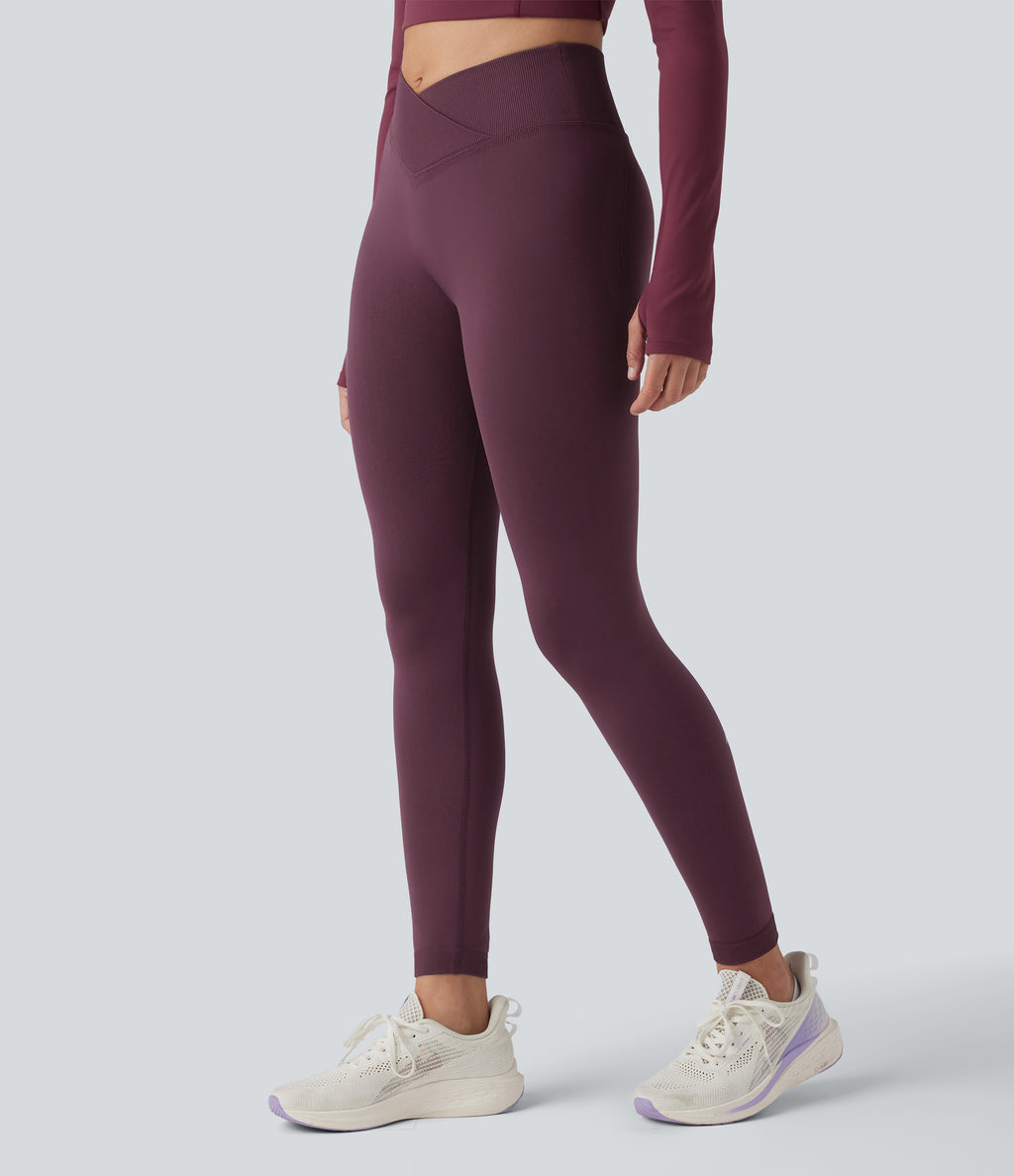 OneForm Seamless Flow Crossover High Waisted Scrunch Yoga 7/8 Leggings — Fig — view 3