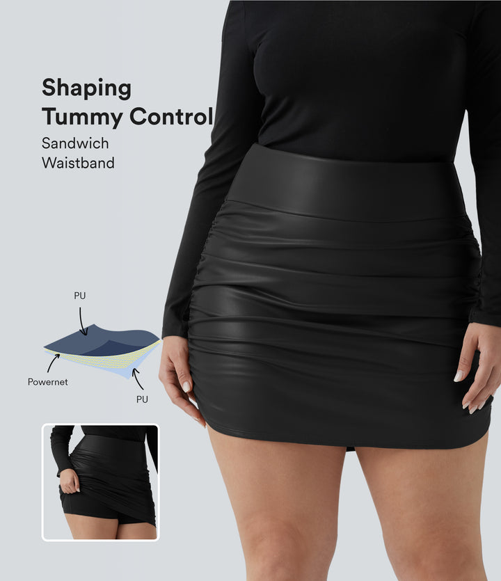 High Waisted Tummy Control Ruched Curved Hem 2-in-1 Fleece PU Mini Bodycon Party Plus Size Skirt — Black — view 1