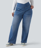 Crossover High Waisted Tummy Control Casual Straight Leg Plus Size Jeans with Pockets — Blue Jasper Denim — view 4