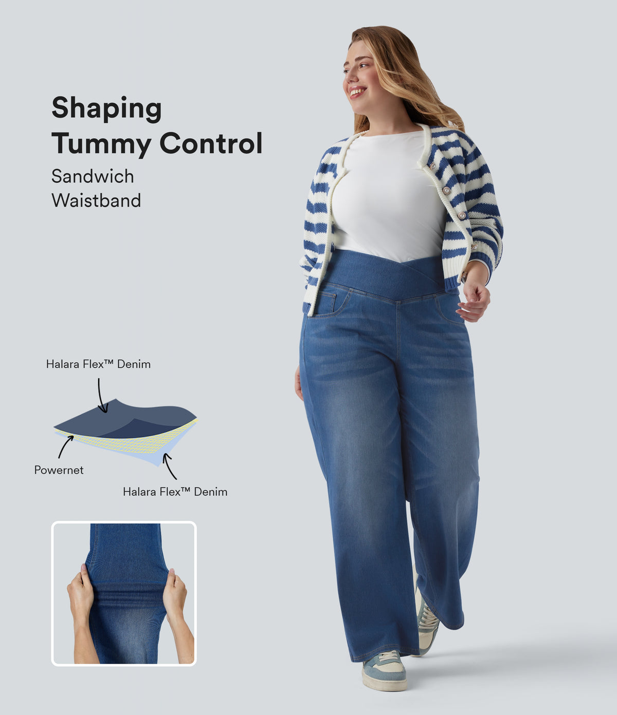 Crossover High Waisted Tummy Control Casual Straight Leg Plus Size Jeans with Pockets — Blue Jasper Denim — view 1