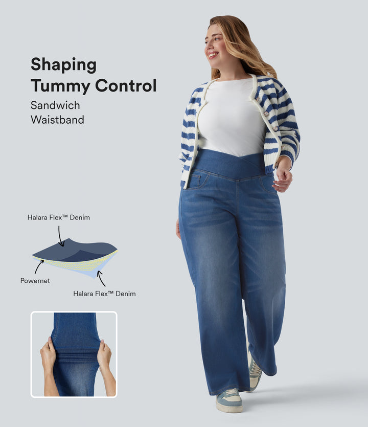 Crossover High Waisted Tummy Control Casual Straight Leg Plus Size Jeans with Pockets — Blue Jasper Denim — view 1