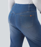 Crossover High Waisted Tummy Control Casual Straight Leg Plus Size Jeans with Pockets — Blue Jasper Denim — view 6