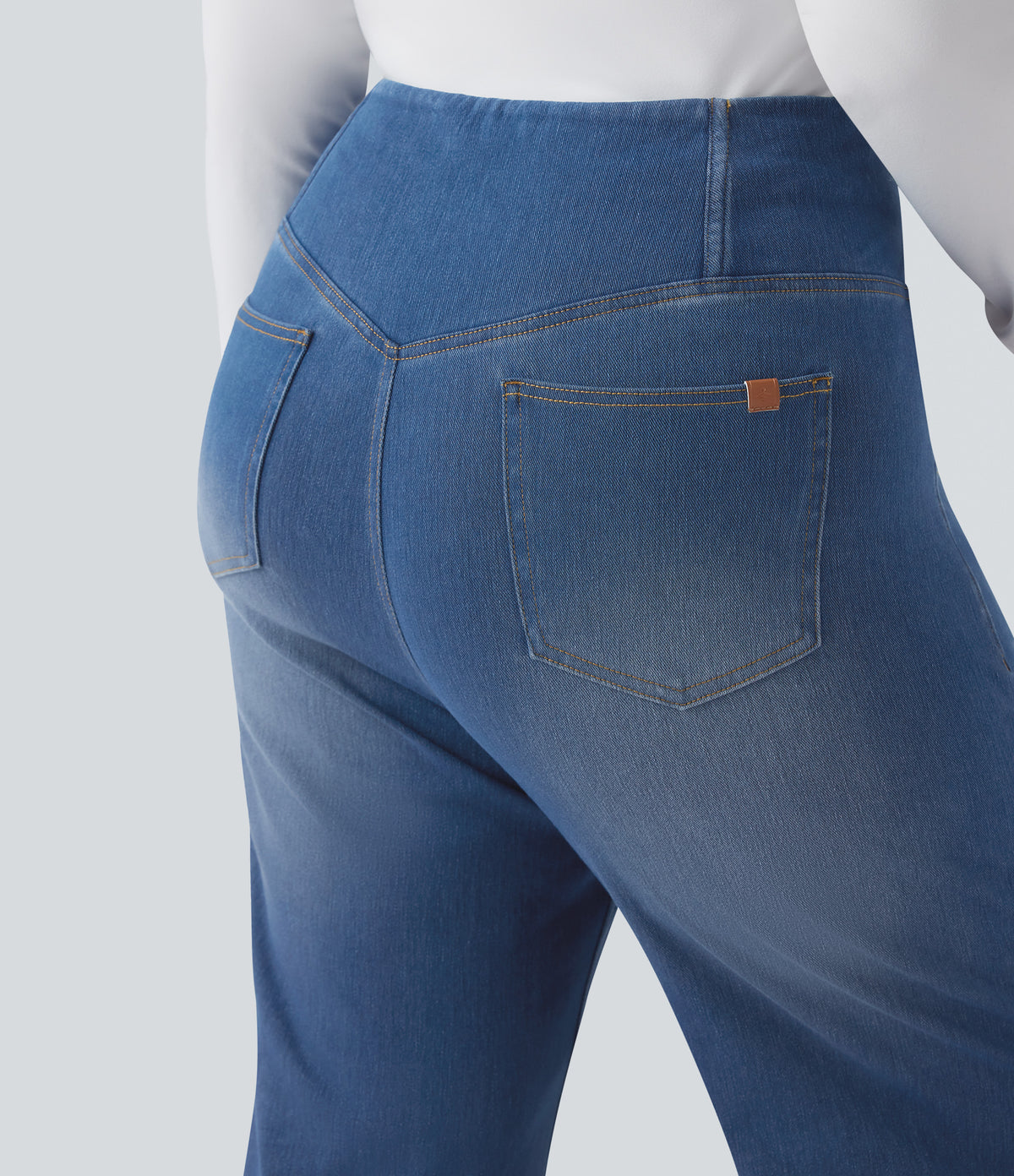 Crossover High Waisted Tummy Control Casual Straight Leg Plus Size Jeans with Pockets — Blue Jasper Denim — view 6