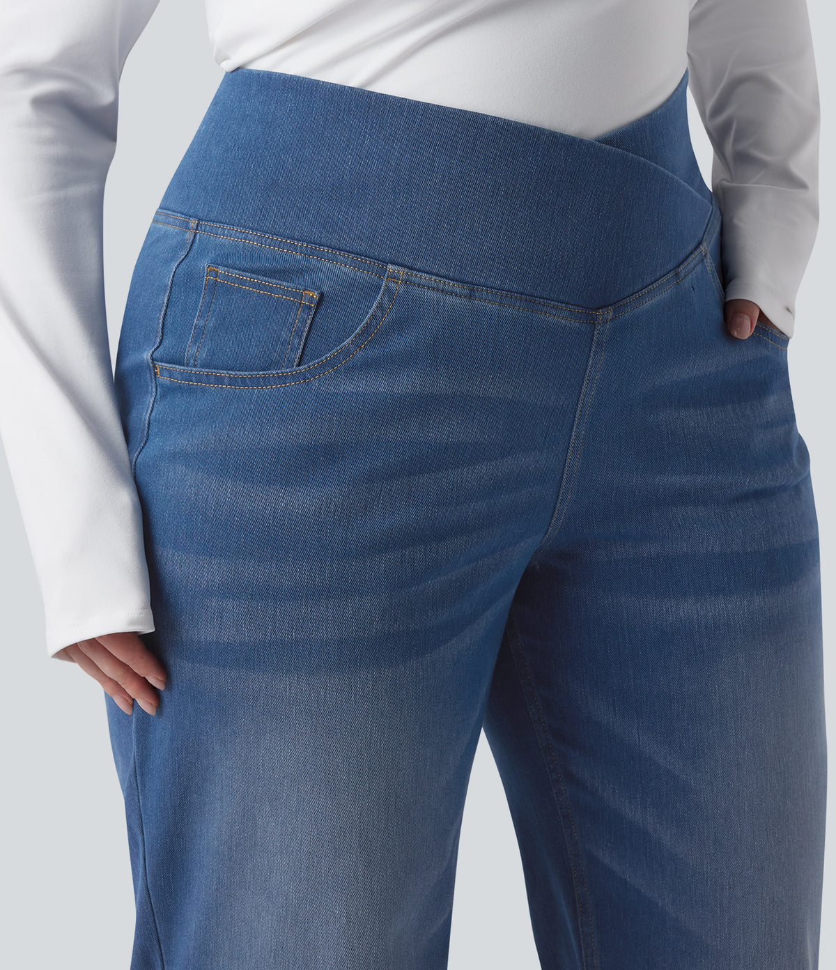 Crossover High Waisted Tummy Control Casual Straight Leg Plus Size Jeans with Pockets — Blue Jasper Denim — view 5