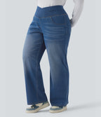 Crossover High Waisted Tummy Control Casual Straight Leg Plus Size Jeans with Pockets — Blue Jasper Denim — view 2
