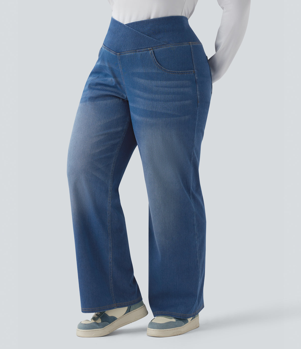 Crossover High Waisted Tummy Control Casual Straight Leg Plus Size Jeans with Pockets — Blue Jasper Denim — view 2
