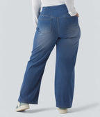 Crossover High Waisted Tummy Control Casual Straight Leg Plus Size Jeans with Pockets — Blue Jasper Denim — view 3